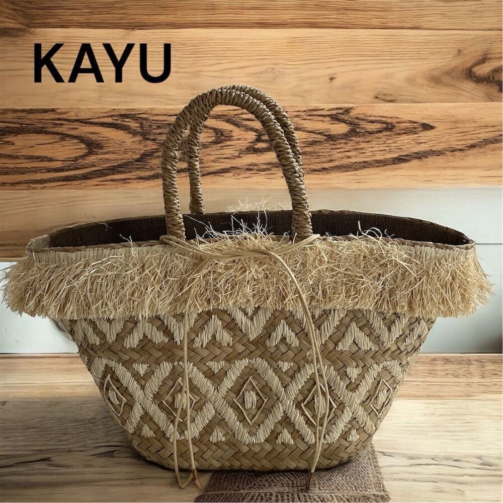 KAYU Women's Handwoven Natural Straw Basket Fully Lined Tote Drawstring Closure